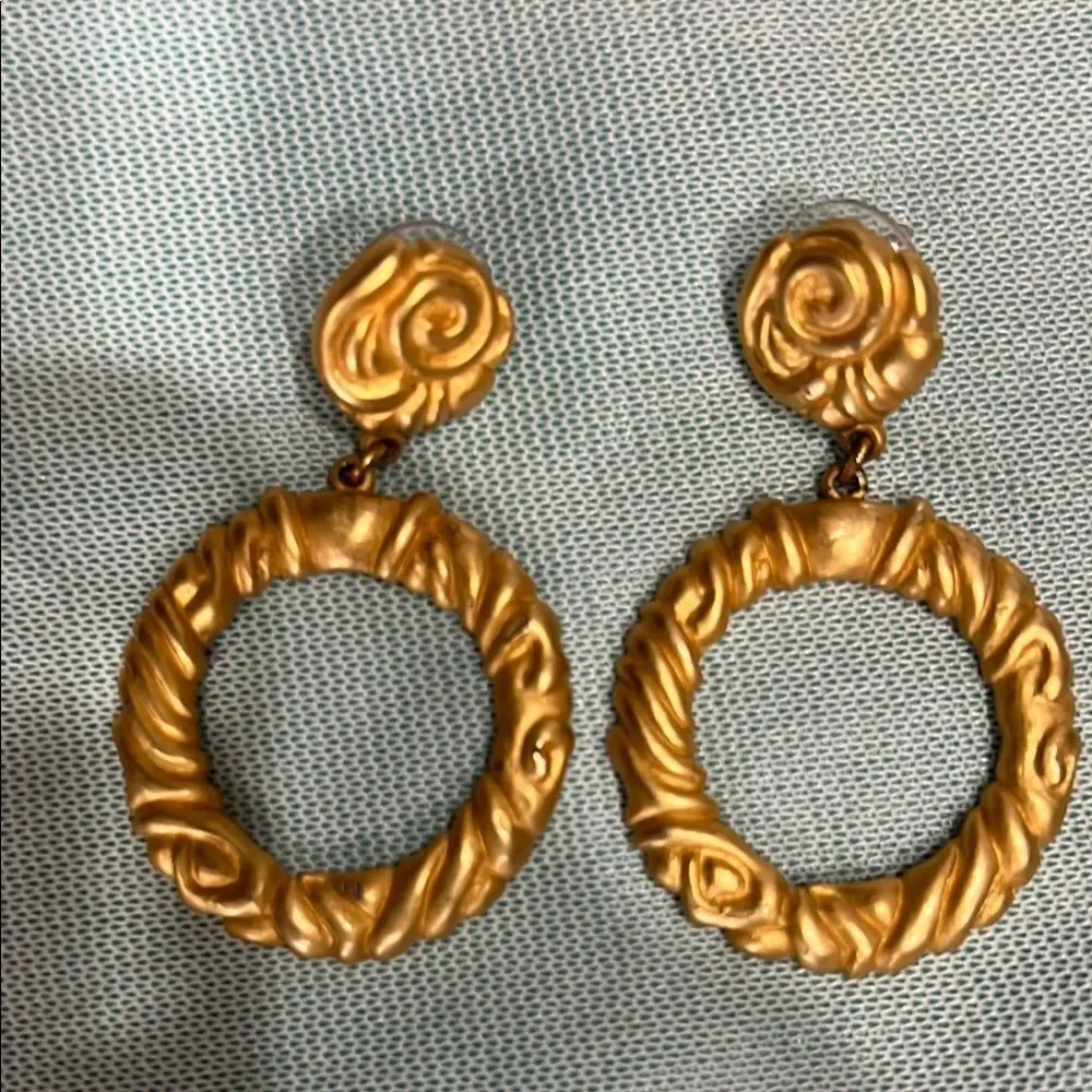 Gold Textured Hoop Earrings with Rosette Studs